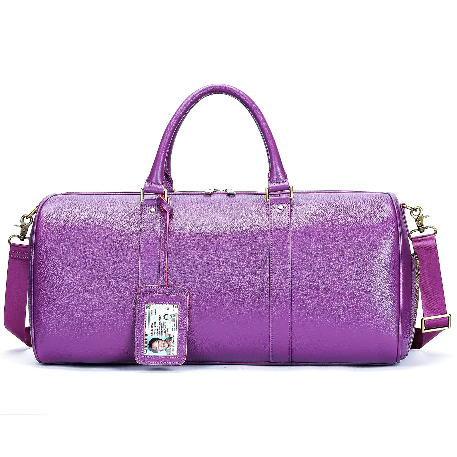Men's genuine leather large capacity travel bag in brown with fold-over design and metal buckle