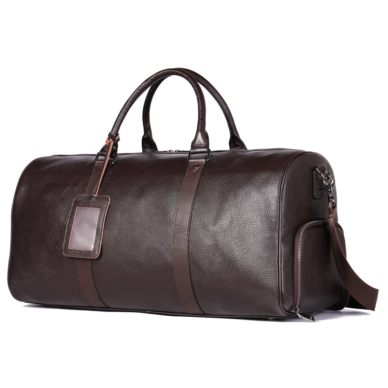 Men's genuine leather large capacity travel bag in brown with fold-over design and metal buckle