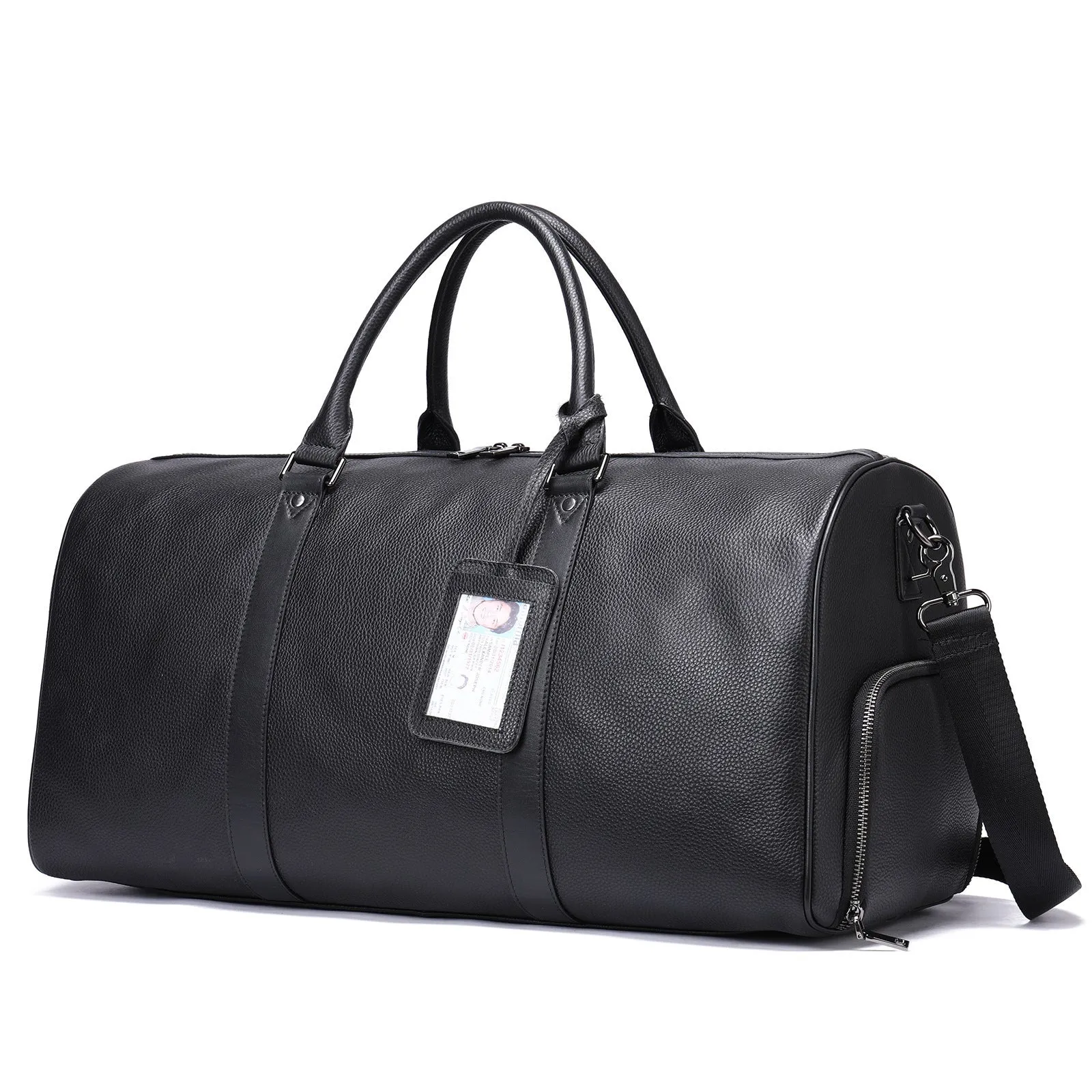 Men's genuine leather large capacity travel bag in brown with fold-over design and metal buckle