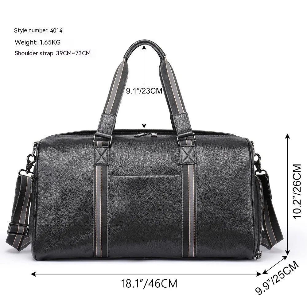 Men's genuine leather large capacity travel bag in brown with fold-over design and metal buckle