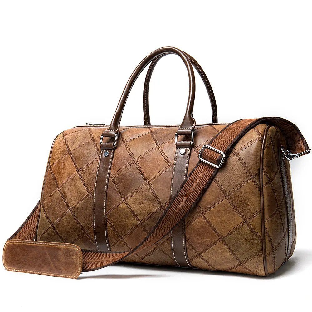 Men's genuine leather large capacity travel bag in brown with fold-over design and metal buckle