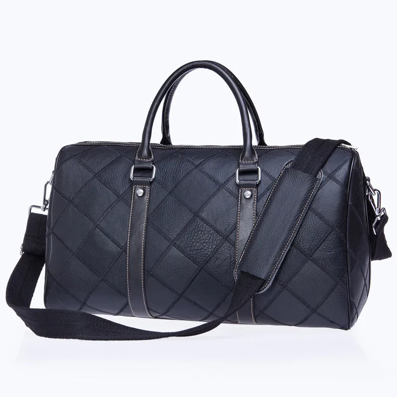 Men's genuine leather large capacity travel bag in brown with fold-over design and metal buckle