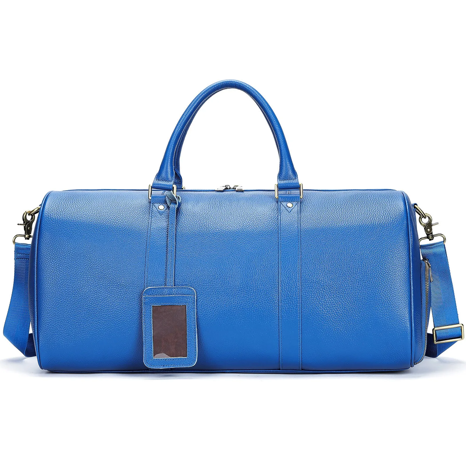 Men's genuine leather large capacity travel bag in brown with fold-over design and metal buckle