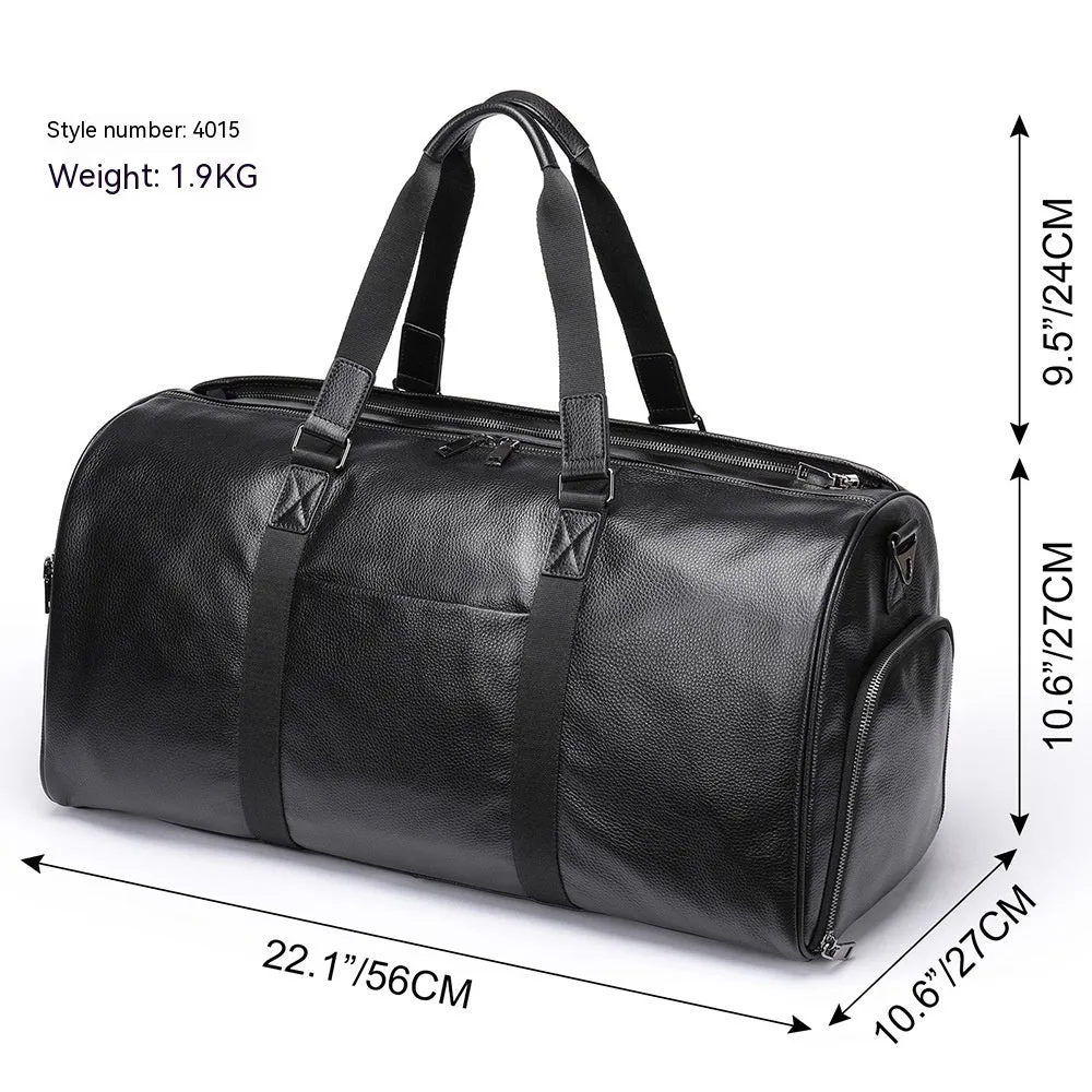 Men's genuine leather large capacity travel bag in brown with fold-over design and metal buckle