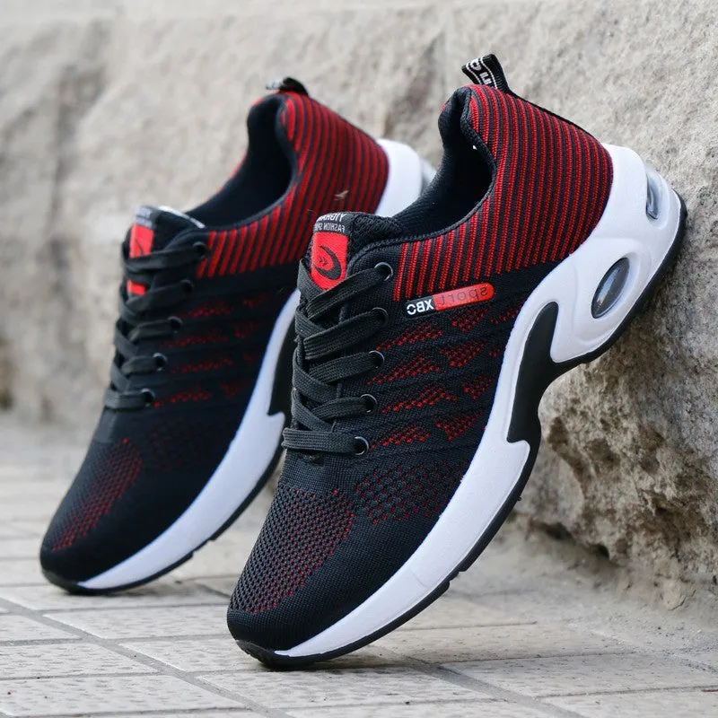 Men's breathable mesh air cushion running shoes in black – low top woven upper on rubber sole