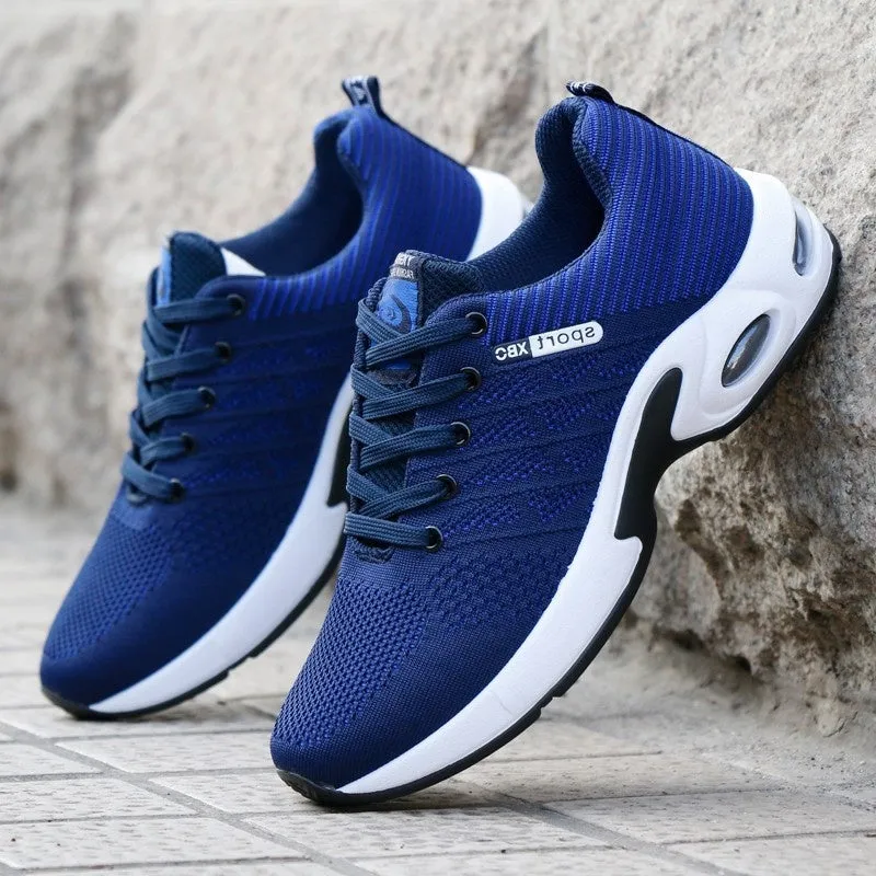 Men's breathable mesh air cushion running shoes in black – low top woven upper on rubber sole