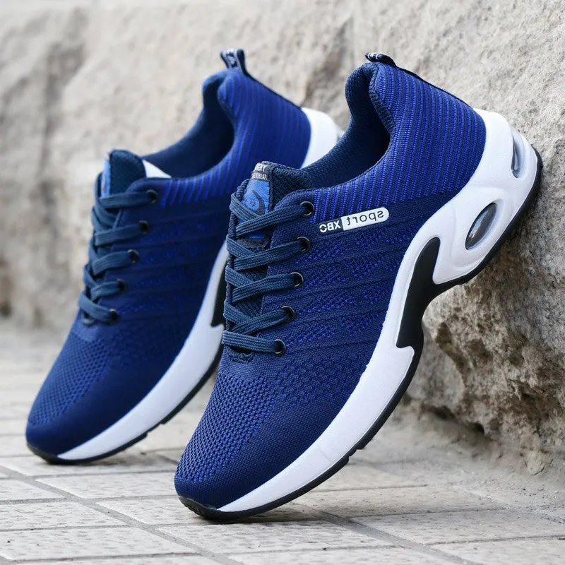Men's breathable mesh air cushion running shoes in black – low top woven upper on rubber sole