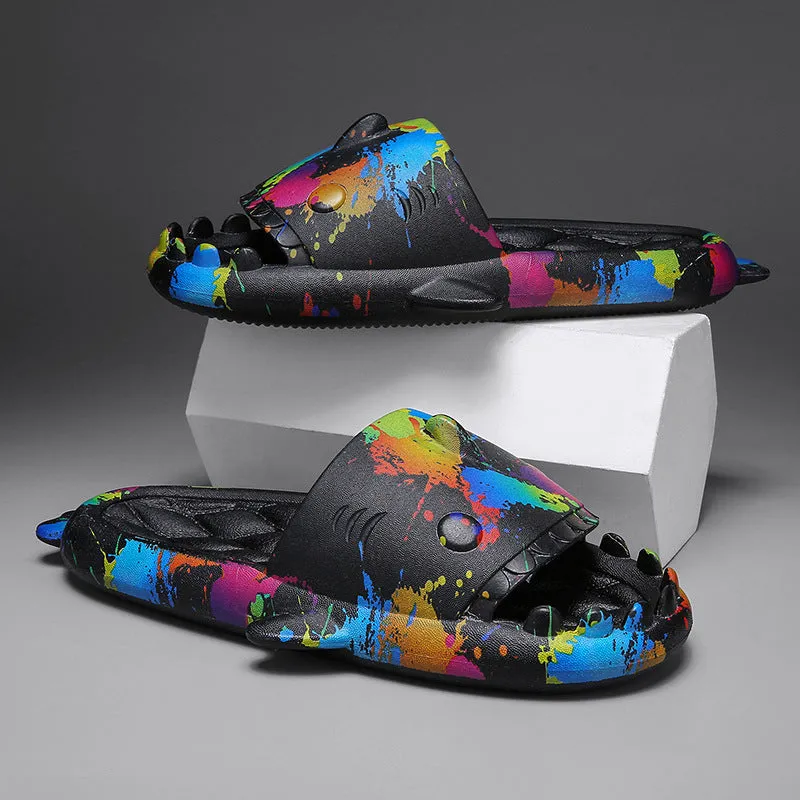 Casual open-toe shark design slippers in EVA material on a colour selection background.