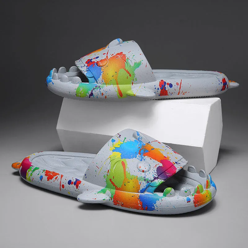 Casual open-toe shark design slippers in EVA material on a colour selection background.