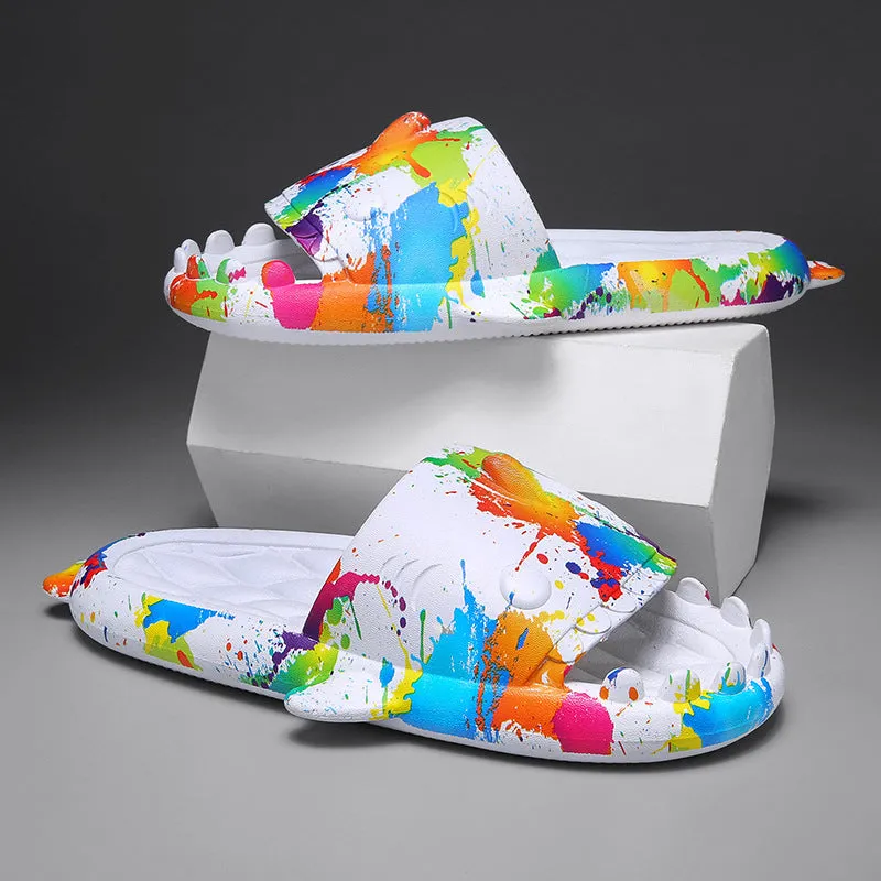 Casual open-toe shark design slippers in EVA material on a colour selection background.