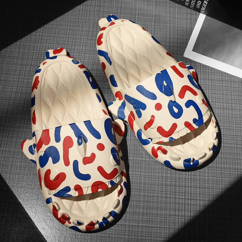 Shark design open-toe EVA slippers for men and women in beige, shown in size 40.