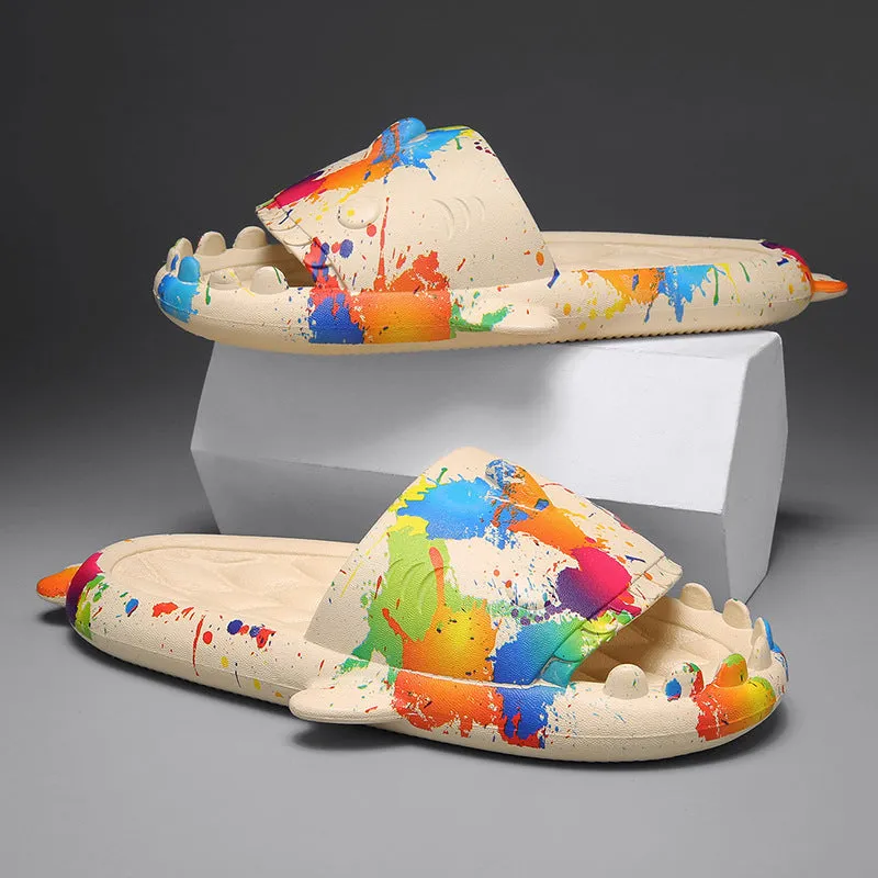 Casual open-toe shark design slippers in EVA material on a colour selection background.