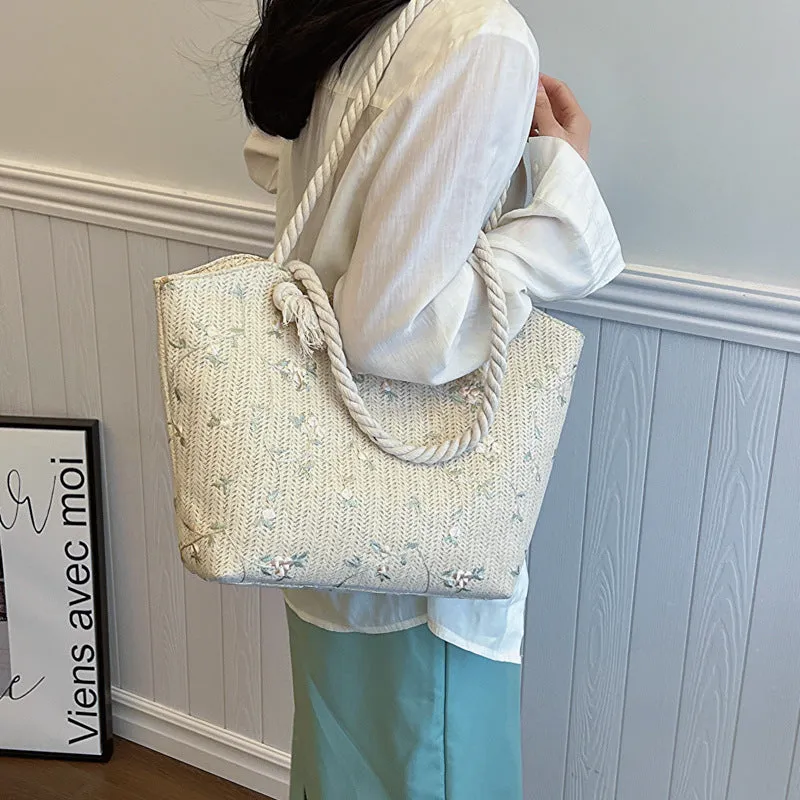 Large capacity PU handbag with flap closure in white and khaki, sewing line detail