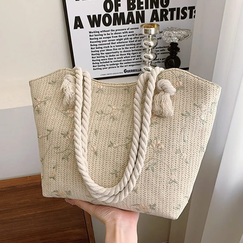 Large capacity PU handbag with flap closure in white and khaki, sewing line detail