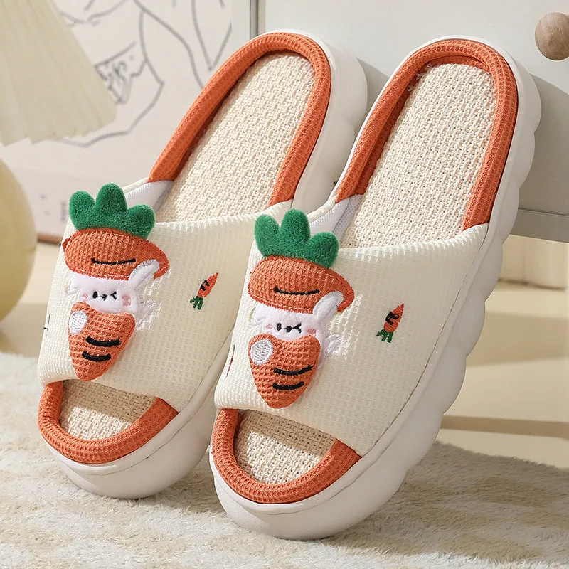 Cute carrot rabbit linen slippers with non-slip thick bottom in orange