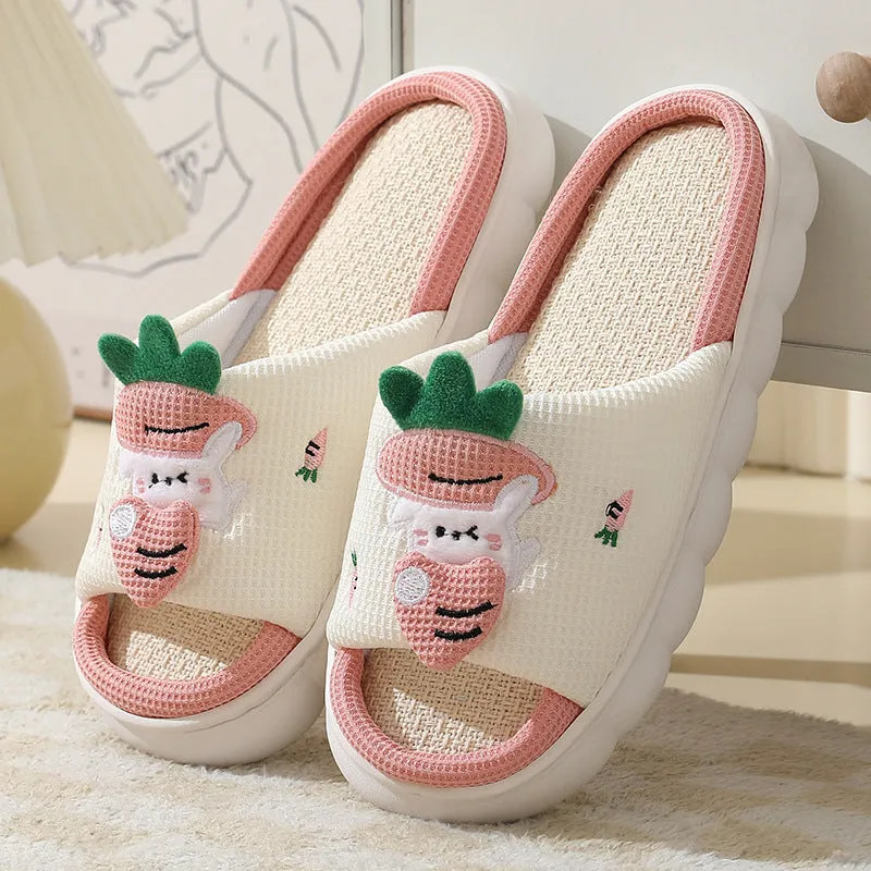 Cute carrot rabbit linen slippers with non-slip thick bottom in orange