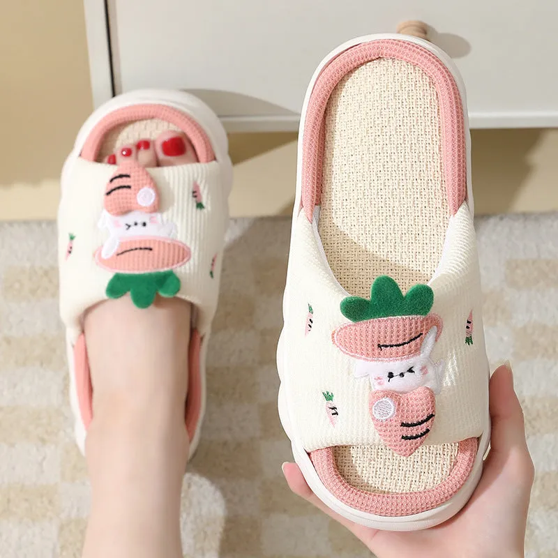 Cute carrot rabbit linen slippers with non-slip thick bottom in orange