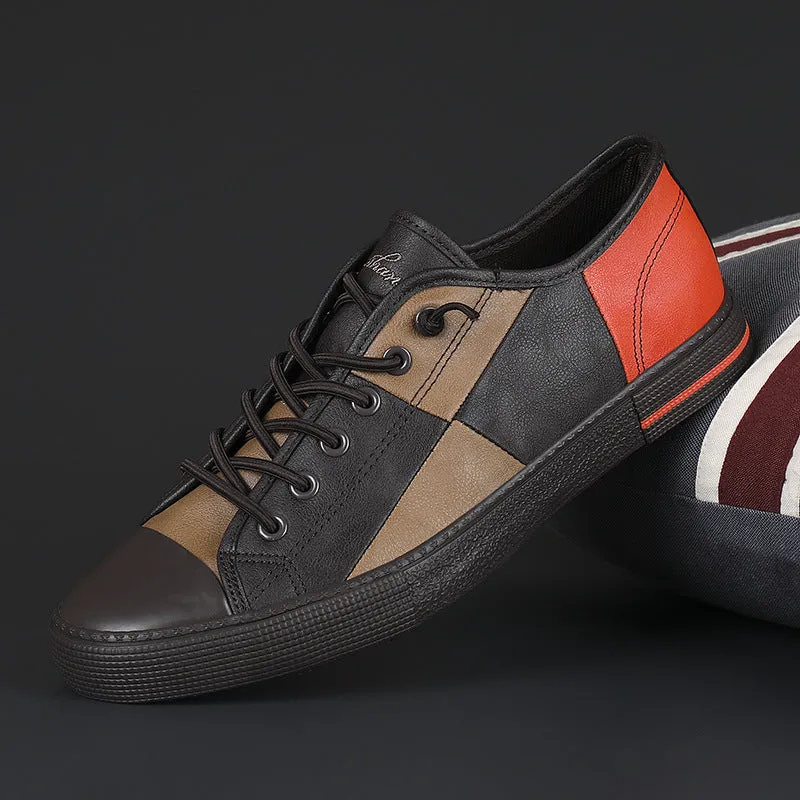 Men's flat leather shoes in a colour matching design with an elastic band closure and round toe