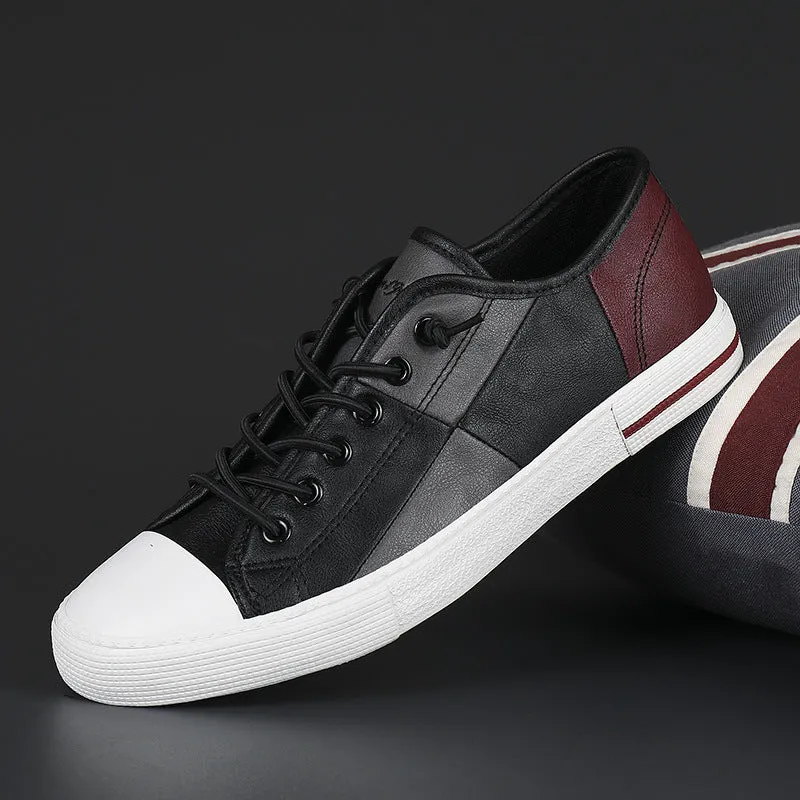 Men's flat leather shoes in a colour matching design with an elastic band closure and round toe