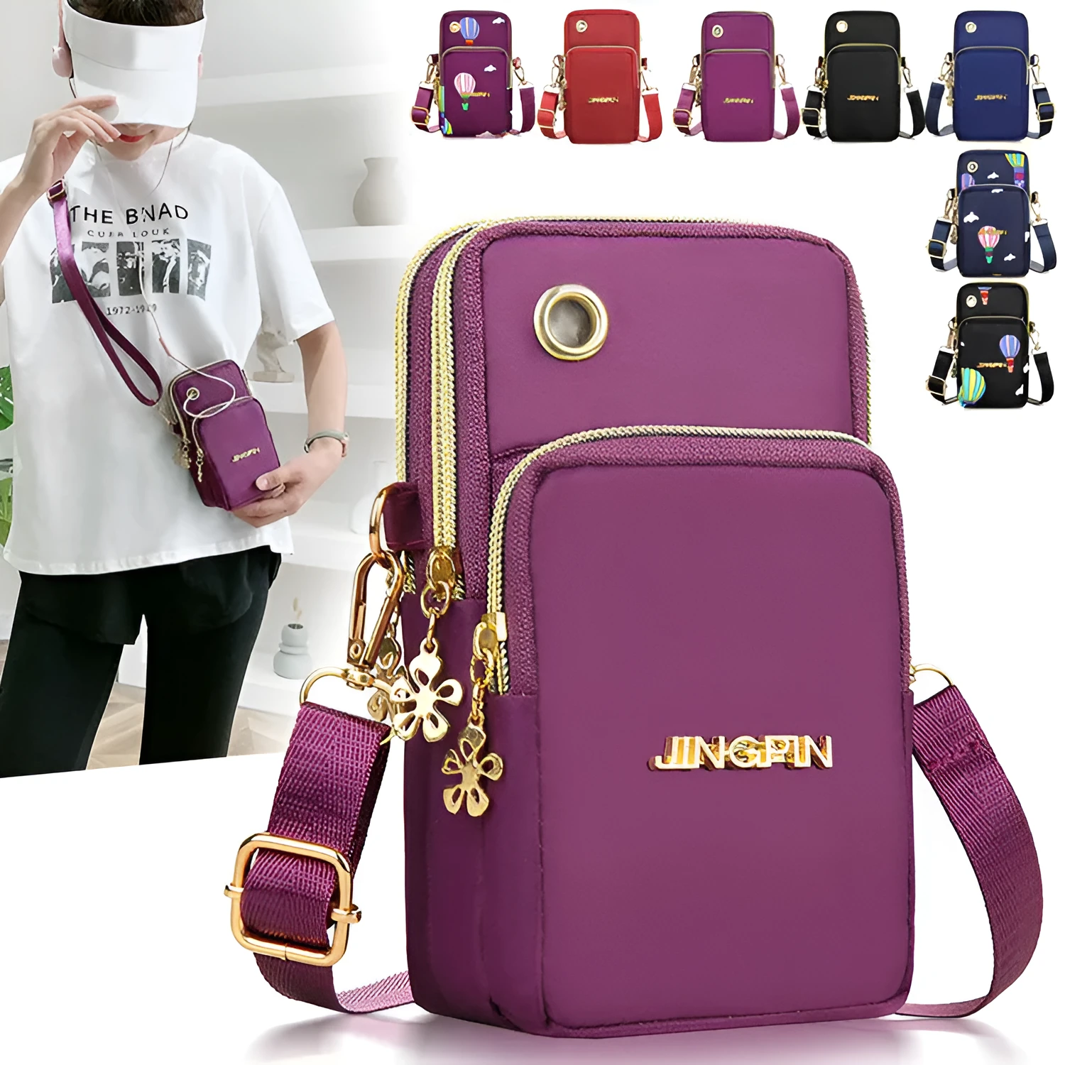 Nylon crossbody mobile phone bag with three zippered layers, card slots, and an adjustable strap in black