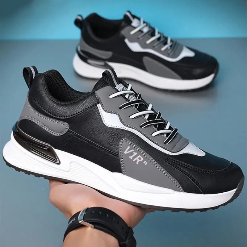 Men's casual colour-block lace-up sneakers with soft sole, black, grey, white options