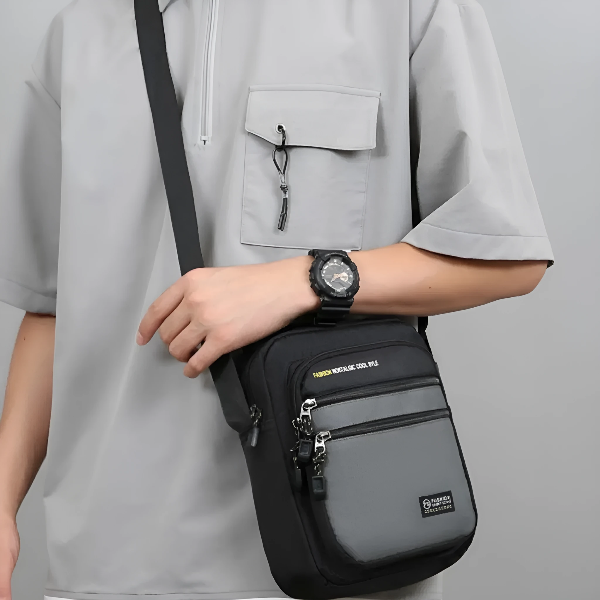 Men's waterproof nylon crossbody bag in green colour with urban simplicity style