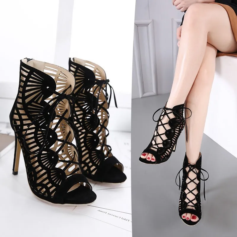 Black suede lace high heels Roman style stiletto over-knee boots with fish mouth toe