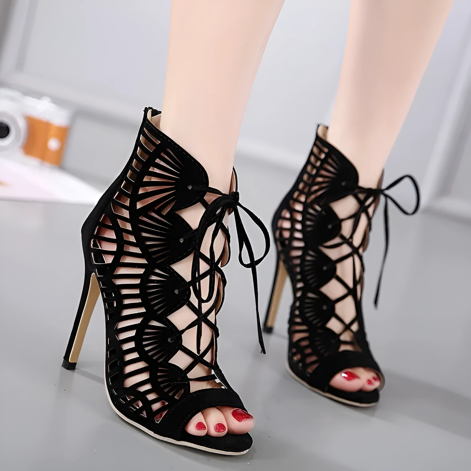 Black suede lace high heels Roman style stiletto over-knee boots with fish mouth toe
