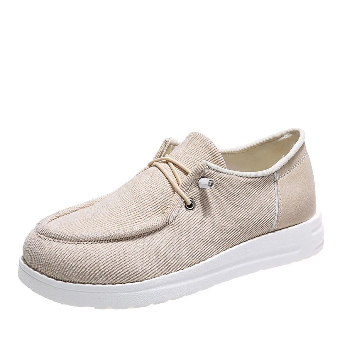 Women's flat shoes in beige with breathable cloth upper, elastic band, round toe, and low heel