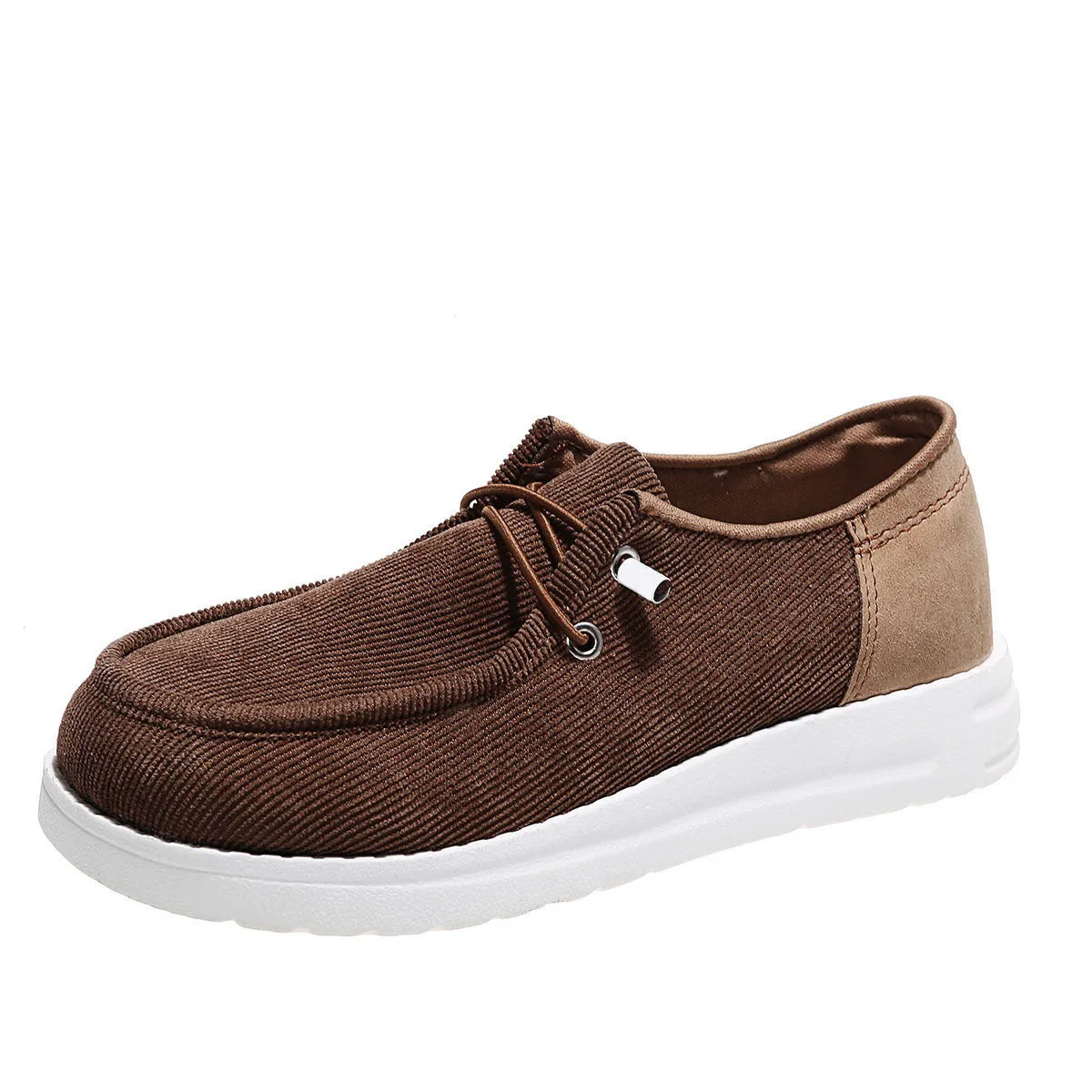 Women's flat shoes in beige with breathable cloth upper, elastic band, round toe, and low heel