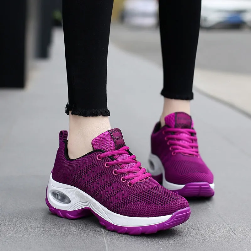 Ladies mesh lace-up walking shoes in breathable fabric, side view, available in multiple colours