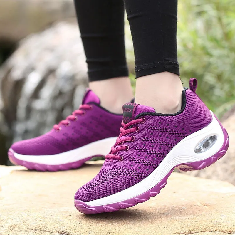 Ladies mesh lace-up walking shoes in breathable fabric, side view, available in multiple colours