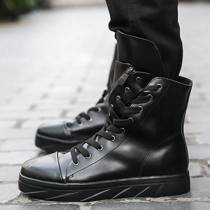 Women's Martin boots with cloth upper, round toe, side zipper, black white colour