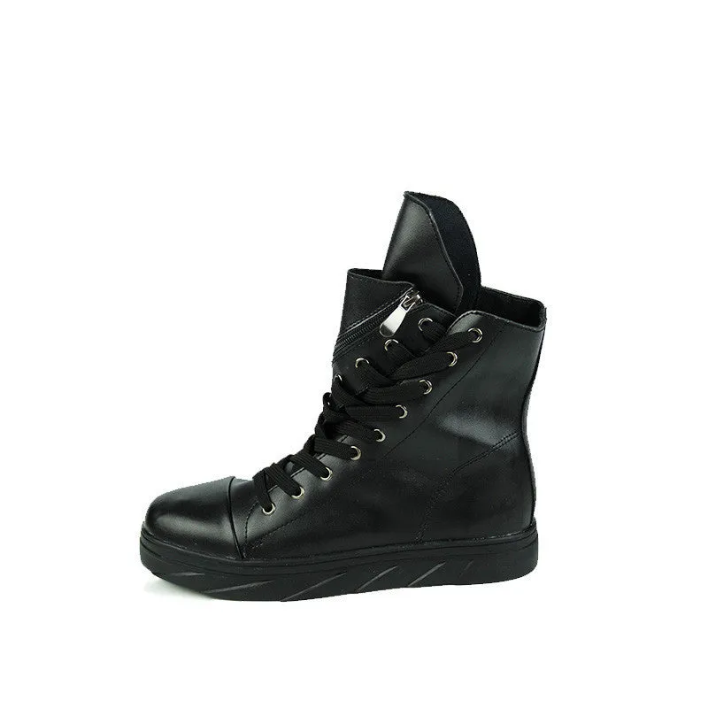 Women's Martin boots with cloth upper, round toe, side zipper, black white colour