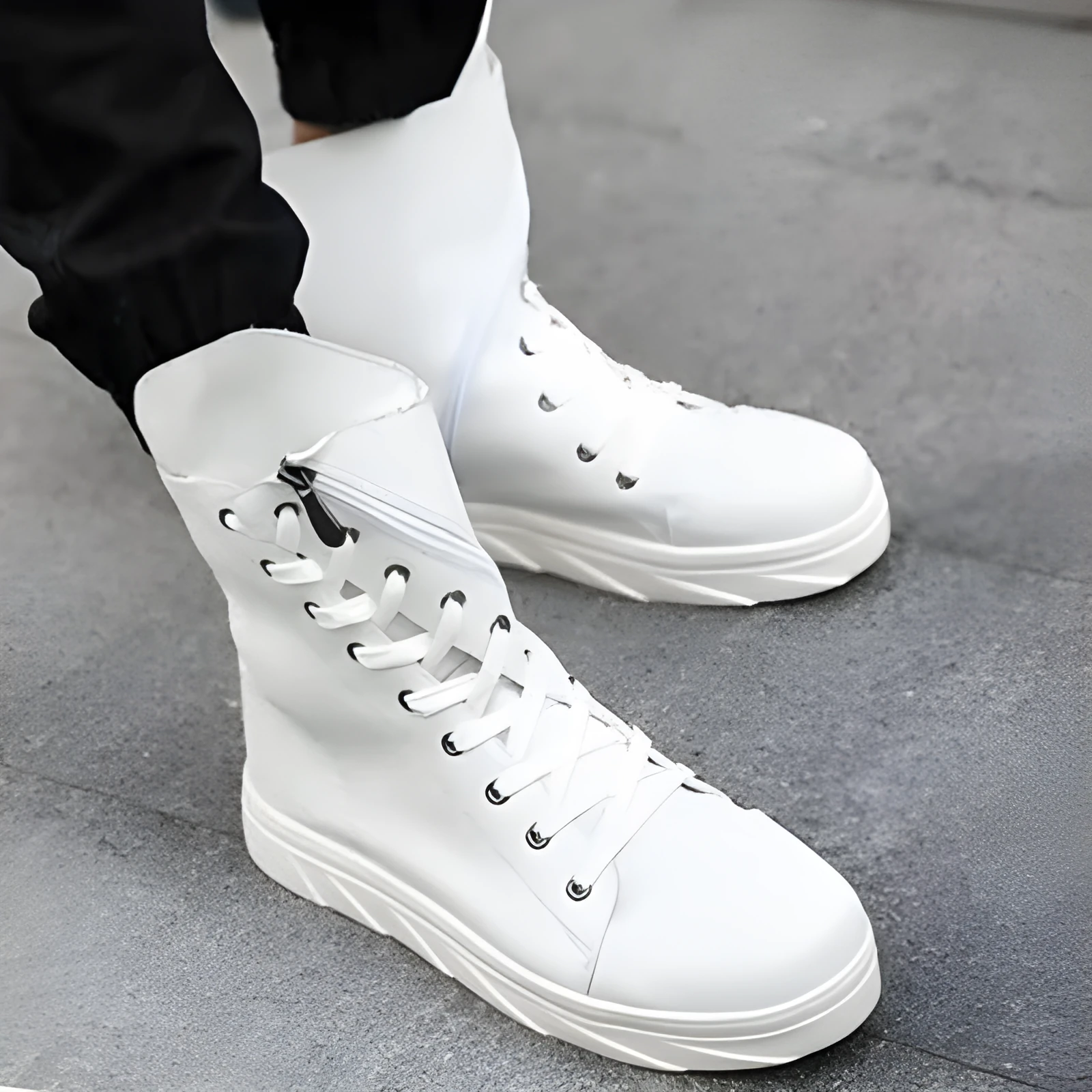 Women's Martin boots with cloth upper, round toe, side zipper, black white colour