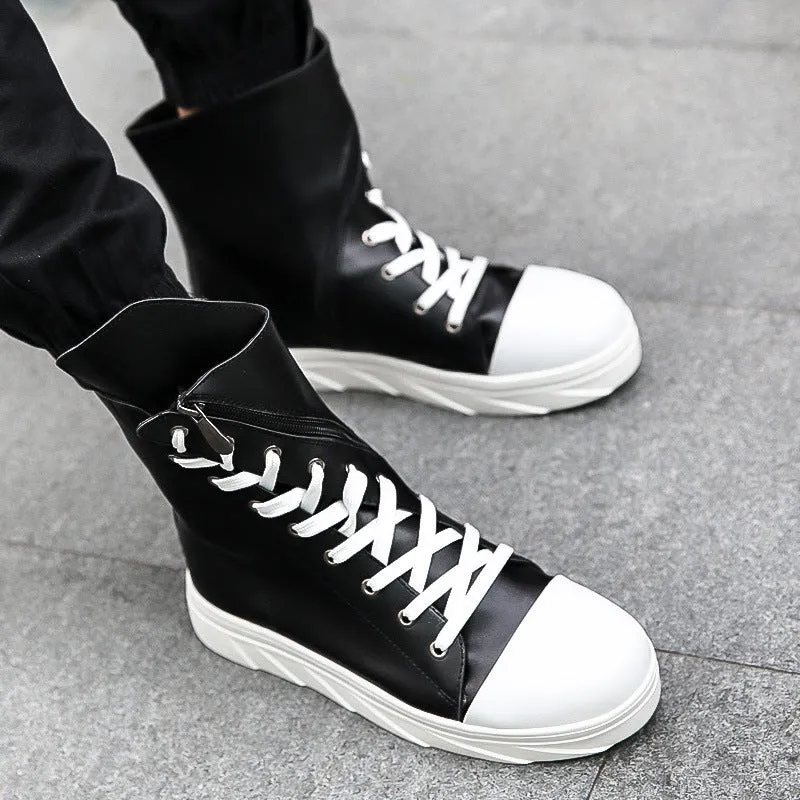 Women's Martin boots with cloth upper, round toe, side zipper, black white colour