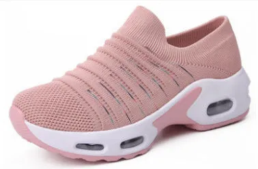 Plus size women's fly-knit socks shoes in light gray with mesh upper and low heel.