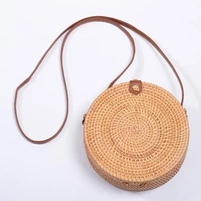 INS CHIC handmade rattan crossbody bag, circular bohemian style, 20cm diameter, with leather strap