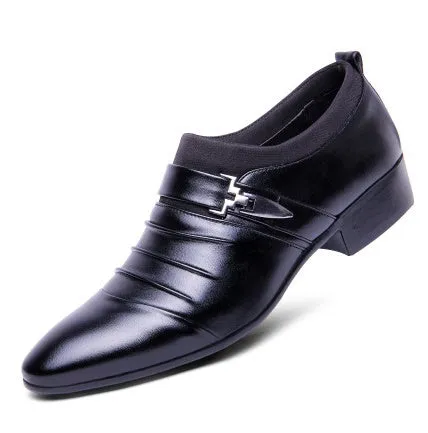 Men's pointed wedding shoes in black with low heel, PU upper, and car suture detailing