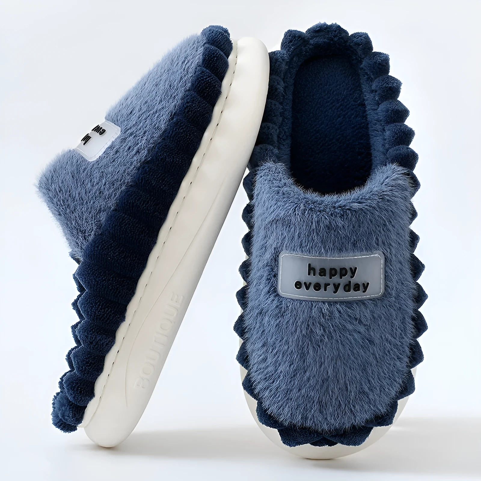 Men's thick sole colour-block fleece slippers in coffee, grey, and navy blue with suede upper and non-slip PVC sole