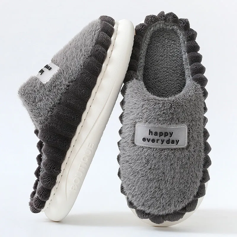 Men's thick sole colour-block fleece slippers in coffee, grey, and navy blue with suede upper and non-slip PVC sole