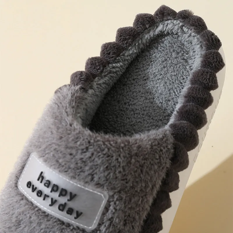 Men's thick sole colour-block fleece slippers in coffee, grey, and navy blue with suede upper and non-slip PVC sole