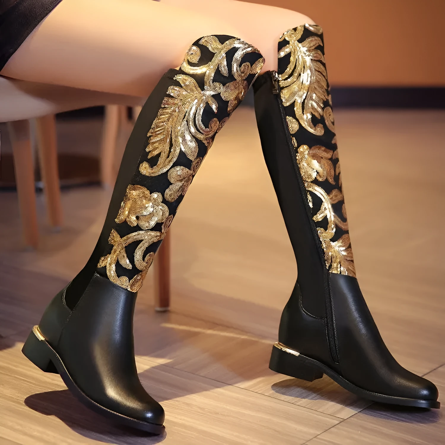 Women's black cowhide leather knight boots with round toe, thick heel, sequin detail, and high tube design