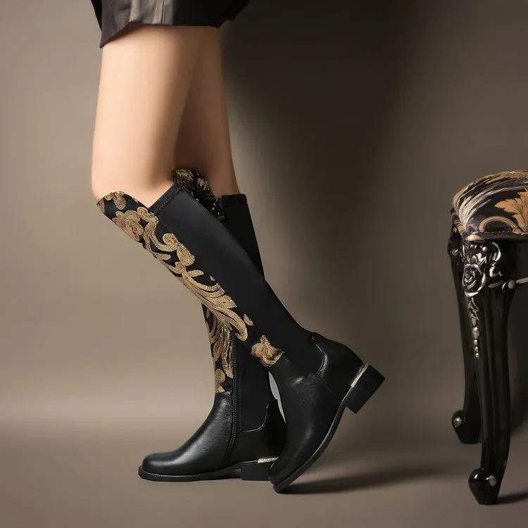 Women's black cowhide leather knight boots with round toe, thick heel, sequin detail, and high tube design