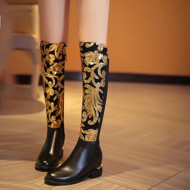 Women's black cowhide leather knight boots with round toe, thick heel, sequin detail, and high tube design