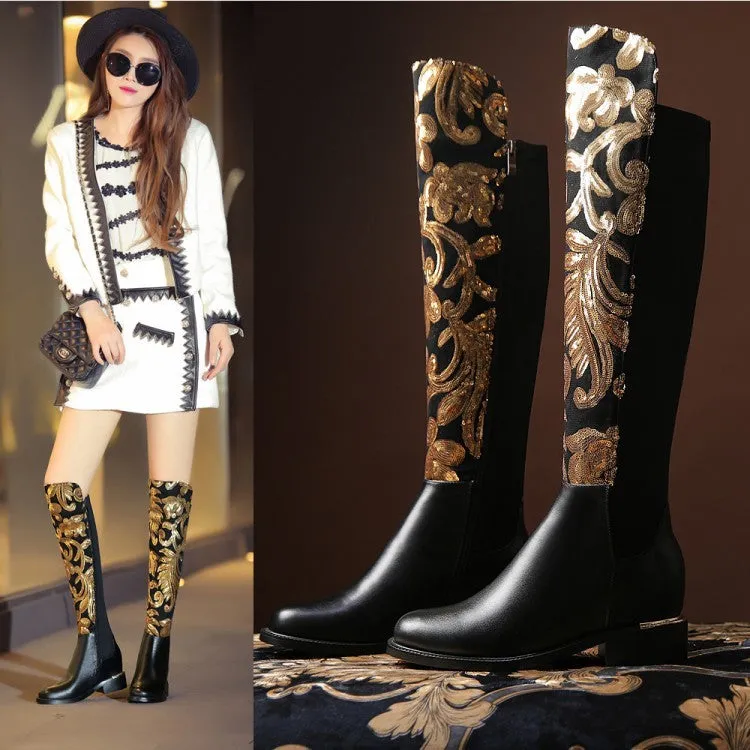 Women's black cowhide leather knight boots with round toe, thick heel, sequin detail, and high tube design