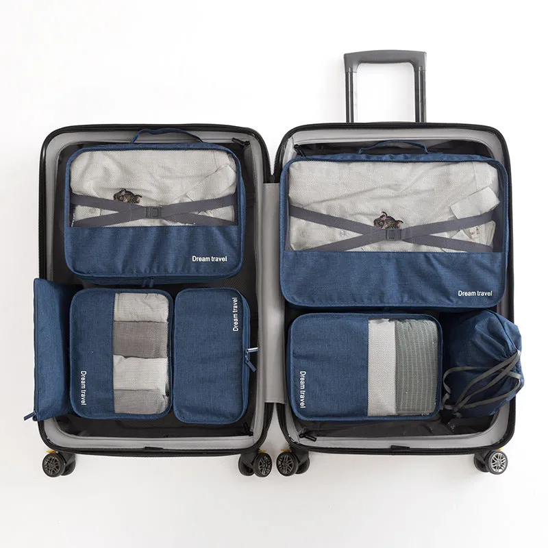 Set of 7 waterproof nylon travel tote bags in black, gray, dark blue, blue, and orange showing different sizes