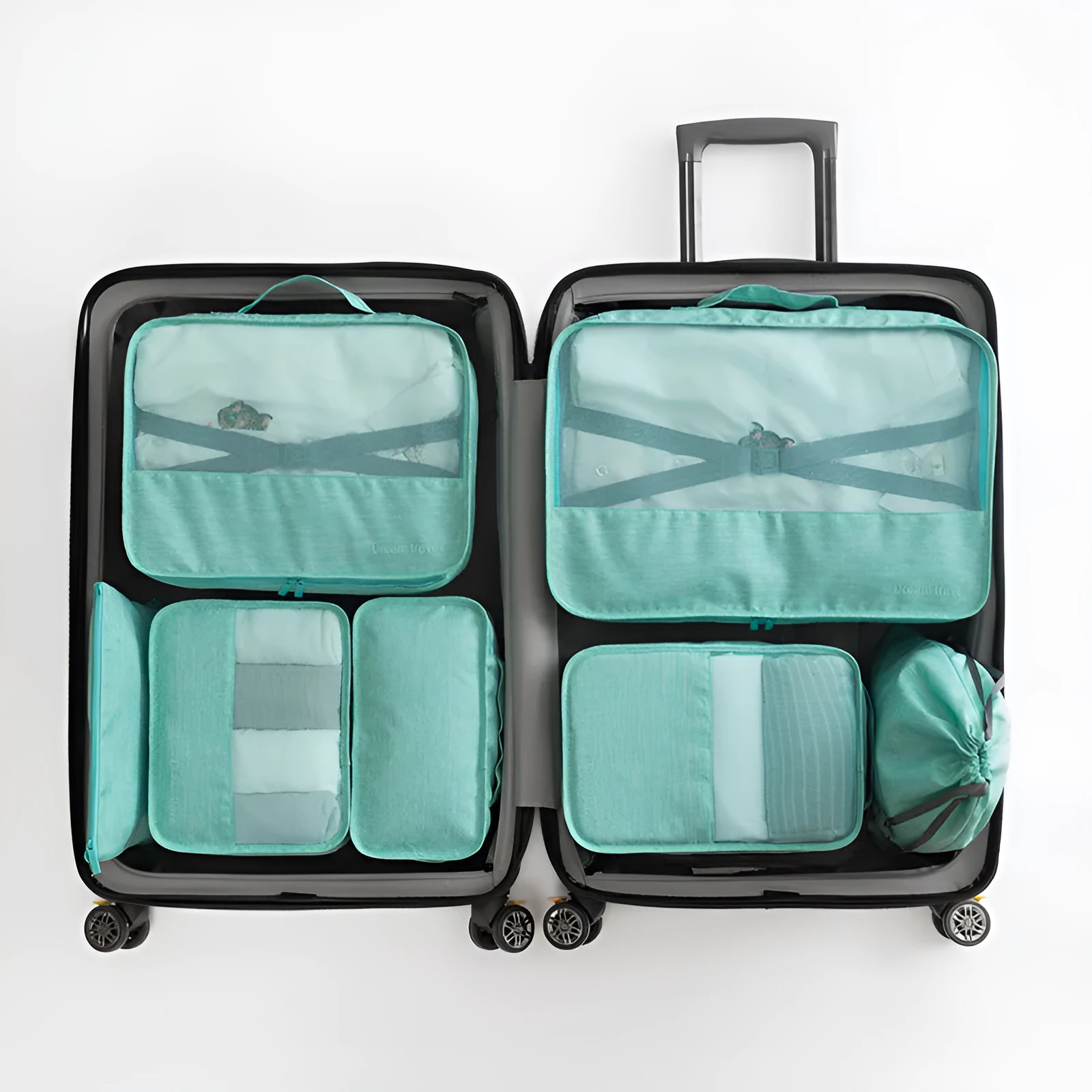 Set of 7 waterproof nylon travel tote bags in black, gray, dark blue, blue, and orange showing different sizes