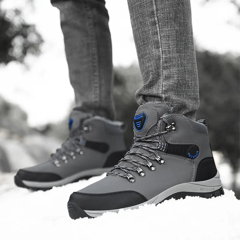 Men's winter snow boots with warm plush lining, lace-up synthetic leather upper, TPR sole, grey plus colour option