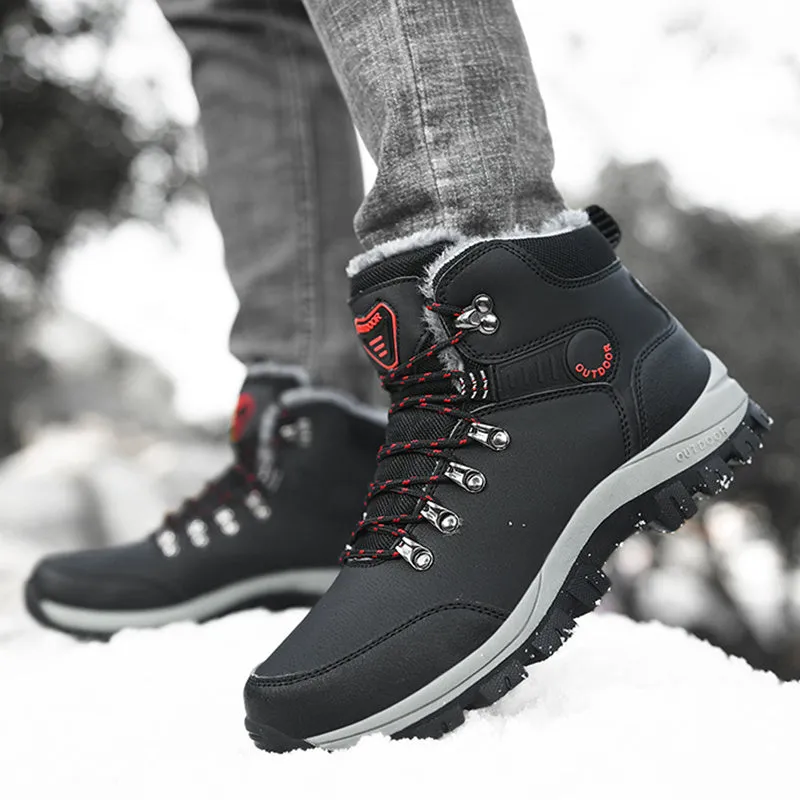 Men's winter snow boots with warm plush lining, lace-up synthetic leather upper, TPR sole, grey plus colour option